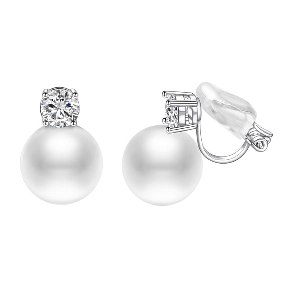 Yoursfs Large Simulated Pearl Clip on Earrings with Cubic Zirconia for Women White Gold Plated 12mm White Pearl Earrings Clips Wedding Prom Jewelry