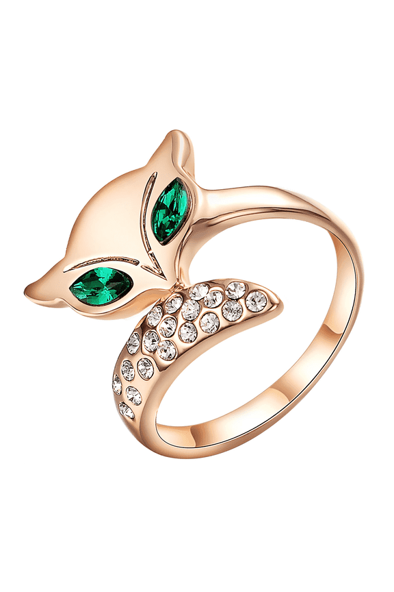 Green Eye Simulated Emerald Fox Shape Cocktail Rings For Women Rose Gold Plated CZ Statement Ring Fashion Costume Jewelry (Size 7)