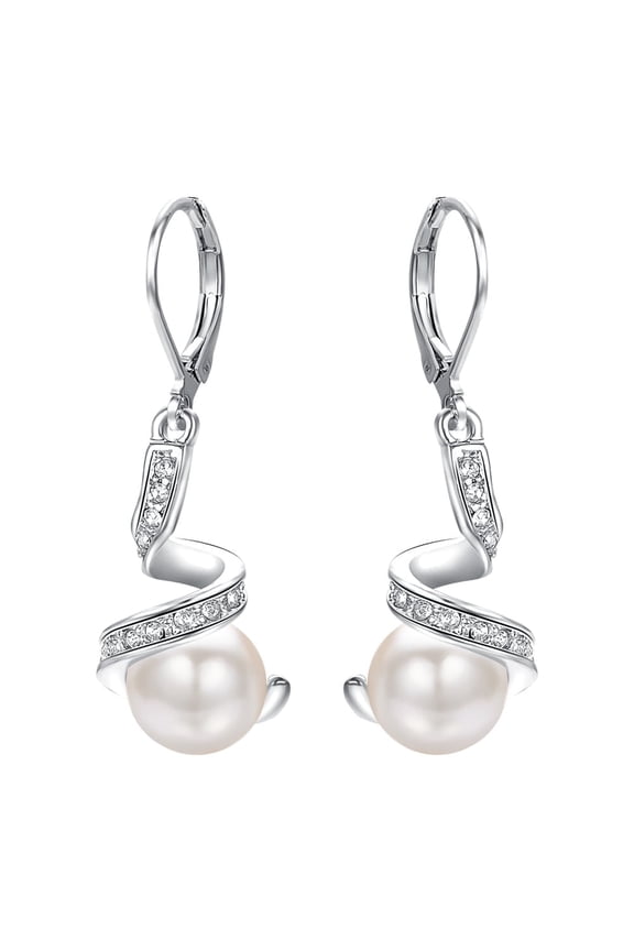 Leverback Dangle Pearl Earrings for Women White Gold Plated Pearl With Mulity CZ Silver Drop Earrings Pierced Earrings