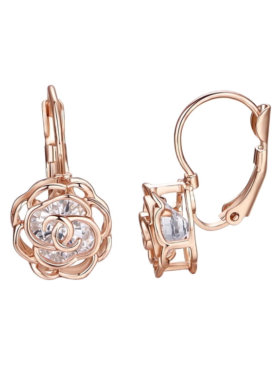 Gold Flower Earrings for Women Filigree Gold Plated Hollow Inlay Cubic Zirconia Rose Flower Leverback Drop Earrings Jewelry Gift