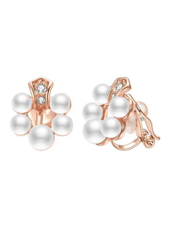 Ivory Faux Pearl Cluster Clip on Earrings for Women with Rhinestone Rose Gold Plated Earrings Ear Clips Elegant Jewelry Gifts