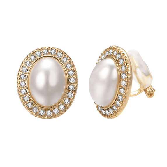 Yoursfs Oval Large Pearl Clip On Earrings for Women Gold Plated Vintage Pearl Earrings with Cubic Zirconia Halo Earring Non Pierced Ears Clips