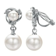 YOURSFS Pearl Clip on Earrings for Women Platinum Plated Double White Pearl Dangle Earring Non Pierced Ears