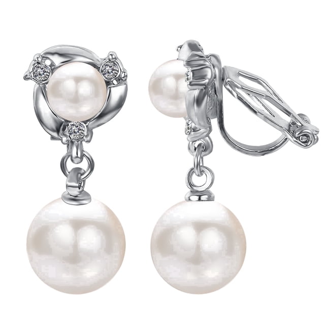 Yoursfs Silver Pearl Clip on Earrings for Women Platinum Plated Double Pearl Dangle Earrings Clip on Non Pierced Ears Jewelry Gifts