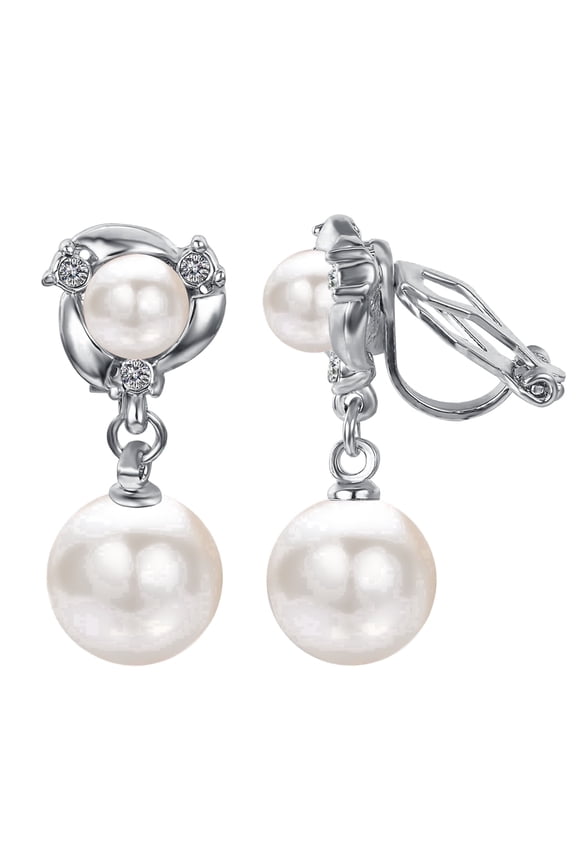Silver Pearl Clip on Earrings for Women Platinum Plated Double Pearl Dangle Earrings Clip on Non Pierced Ears Jewelry Gifts