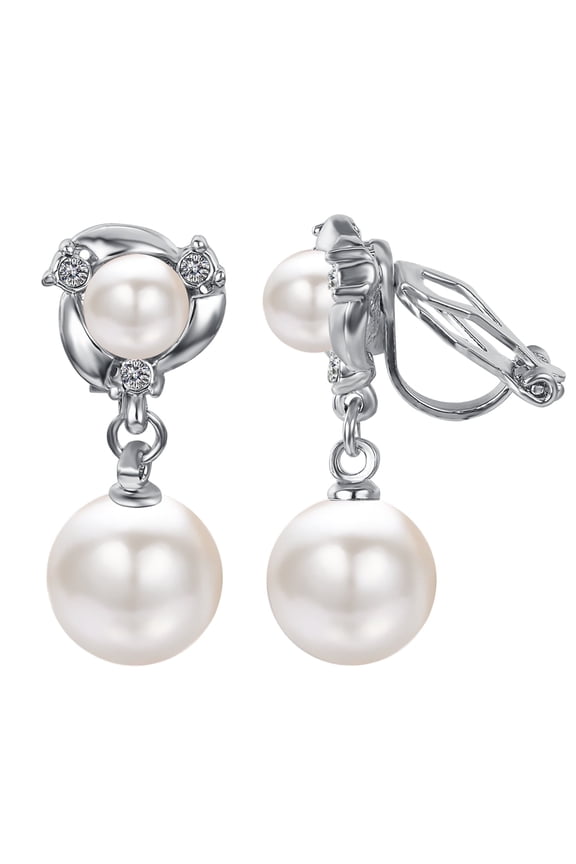 Pearl Clip on Earrings for Women Platinum Plated Double White Pearl Dangle Earring Non Pierced Ears