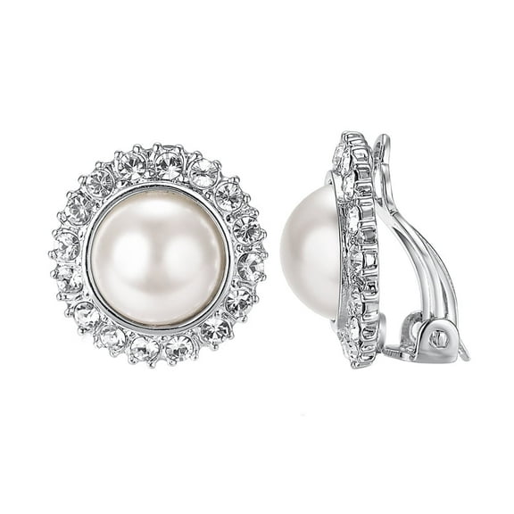 Yoursfs Pearl Clip On Earrings for Women Ivory Faux Pearl with CZ Halo White Gold Plated Clip Earring Non Pierced Ears Jewelry Gifts