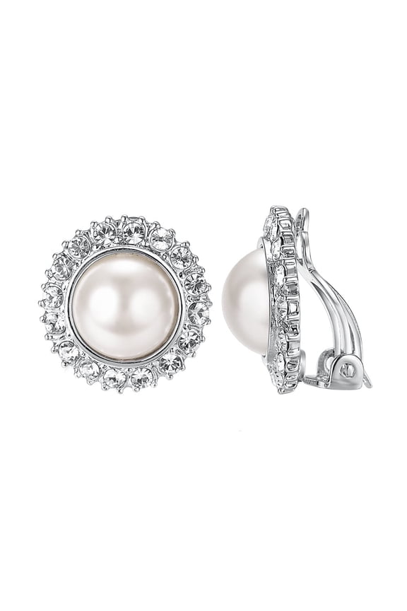 Pearl Clip On Earrings for Women Ivory Faux Pearl with CZ Halo White Gold Plated Clip Earring Non Pierced Ears Jewelry Gifts