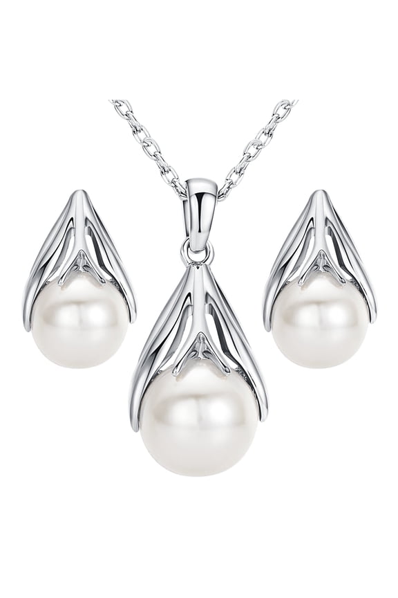 Pearl Necklace and Earring Set For Women Silver Faux Pearl Jewelry Sets Platinum Plated Valentines Day Anniversary Christmas Gifts