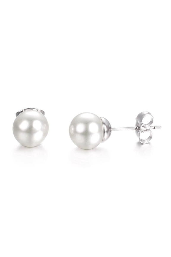 8mm Pearl Stud Earrings for Women White Gold Plated Classic Simulated Pearl Studs Simple Piercing Earrings