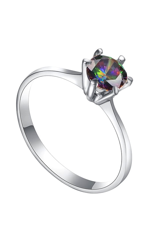 Petite Round Shape Colorful Crystal Rings For Women 18K White Gold Plated Silver Ring Costume Jewelry (Size 7)