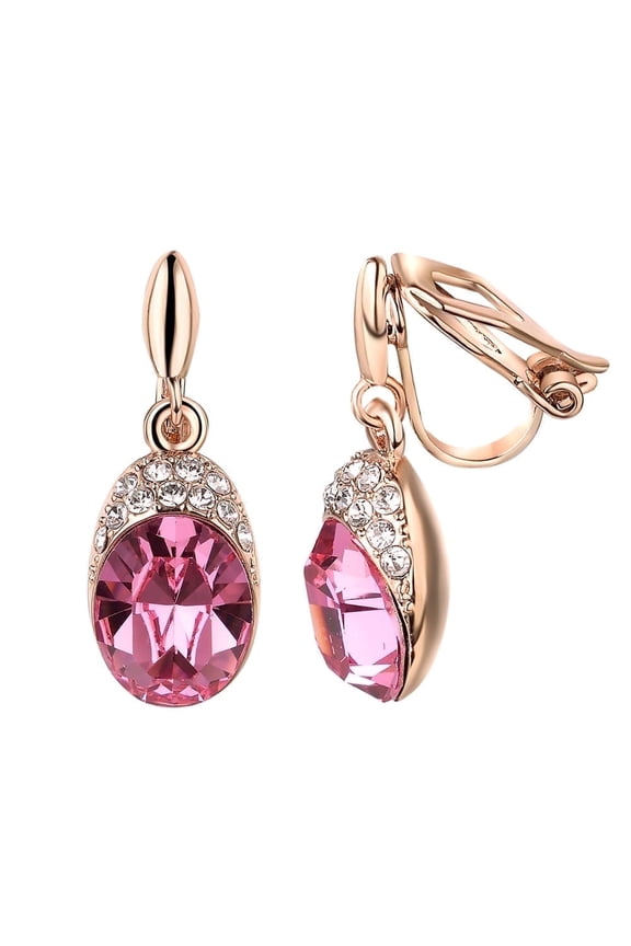 Pink Crystal Clip on Earrings for Women Wedding Birdal Gold Plated Non Pierced Ears Oval Cubic Zirconia Dangle Earrings Clips
