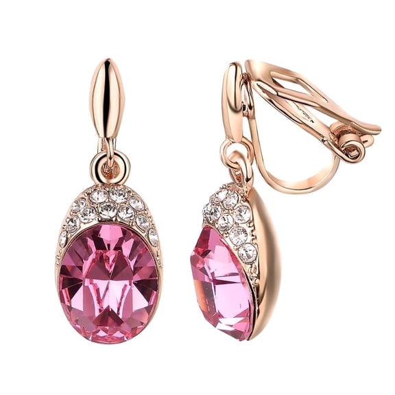 Yoursfs Pink Crystal Clip on Earrings for Women Wedding Birdal Gold Plated Non Pierced Ears Oval Cubic Zirconia Dangle Earrings Clips