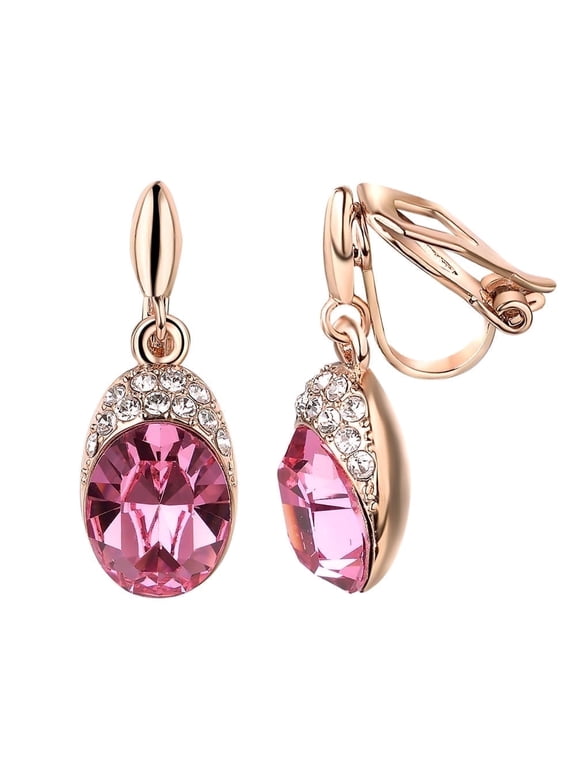 Pink Crystal Clip on Earrings for Women Wedding Birdal Gold Plated Non Pierced Ears Oval Cubic Zirconia Dangle Earrings Clips