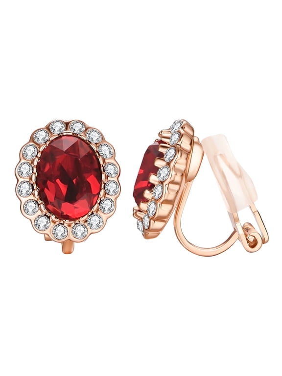 Ruby Clip on Earrings for Women Rose Gold Plated Oval CZ Halo Earring inlay Austria Crystal Red Earrings Clip on Wedding Jewelry