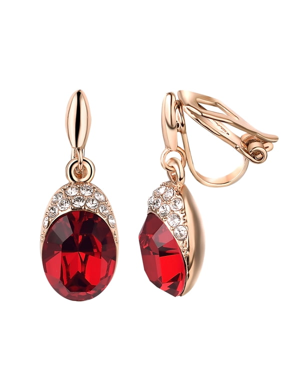 Red Clip on Earrings for Women Wedding Birdal Gold Plated Non Pierced Ears Oval Cubic Zirconia Dangle Earrings