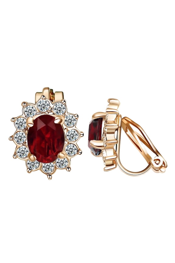 Austria Crystal Red Clip on Earrings for Women Non Pierced Ears Gold Plated with Halo CZ Burgundy Ear Rings Jewelry