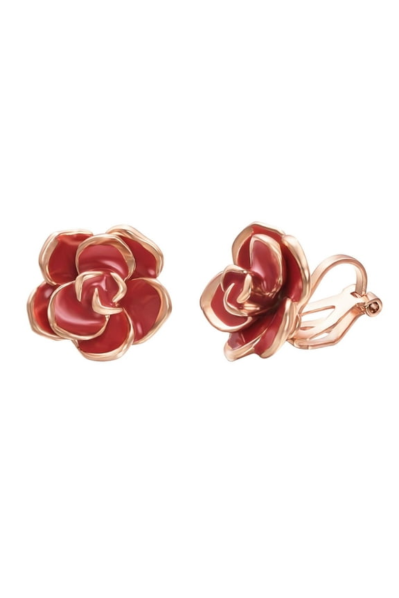 Red Rose Earring Women Gold Plated Earrings Enamel Red Rose Flower Earrings Not Pierced Ears