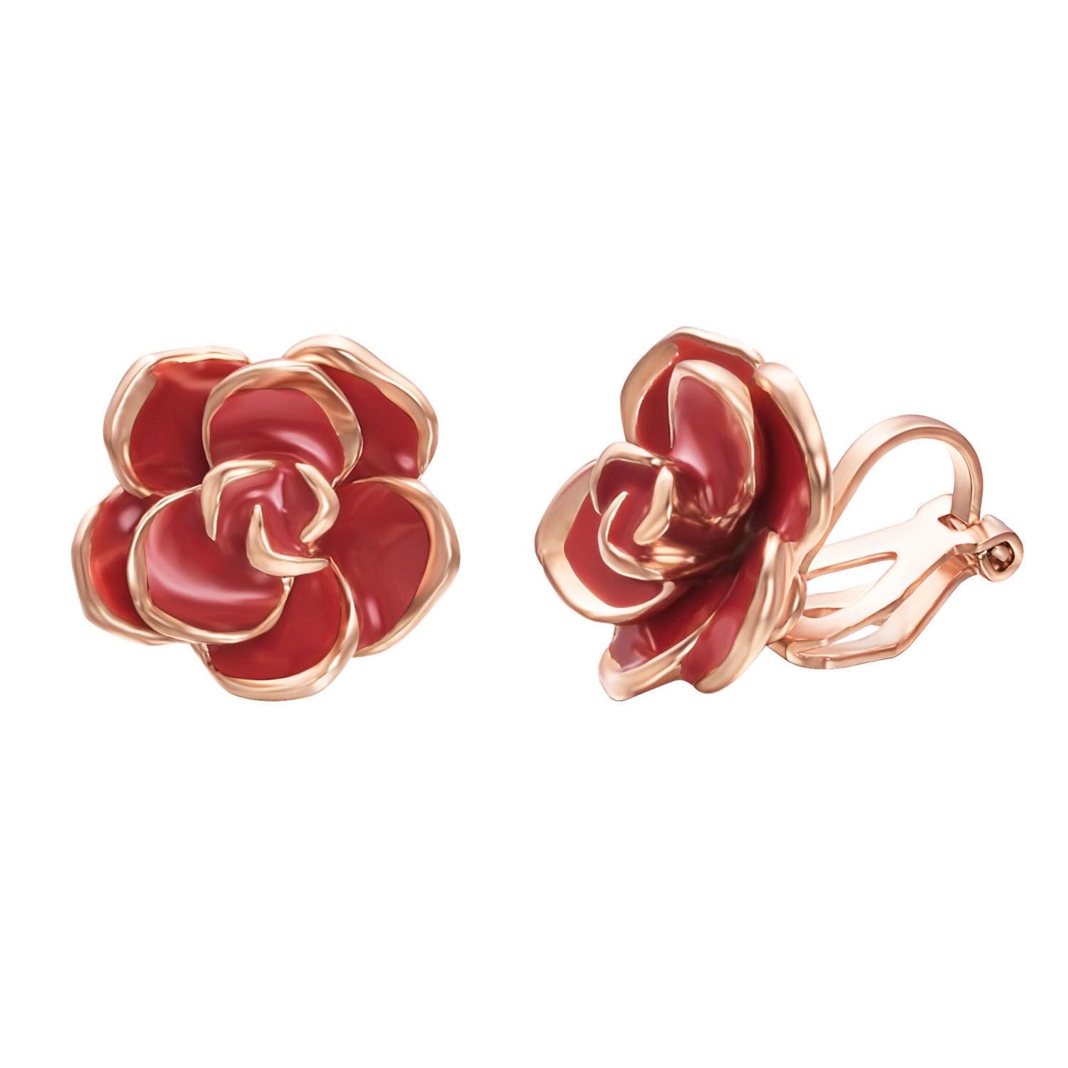 Yoursfs Red Rose Earrings Women Not Pierced Ears 18K Red Gold Plated