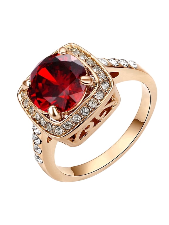 Red Ruby Big Rings for Women Square Princess Cut CZ June Birthstone Rings Rose Gold Plated Wedding Band Engagement Costume Jewelry (Size 9)