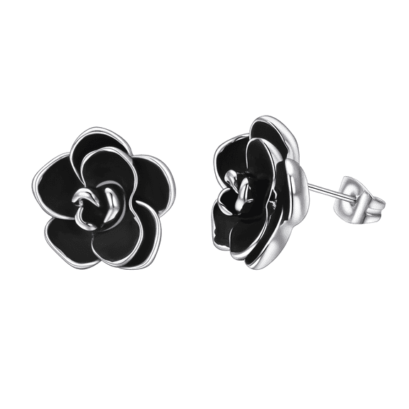 Yoursfs Rose Flower Stud Earrings for Women White Gold Plated Black Enamel Delicate Floral Pierced Ears Fashion Jewelry Gifts