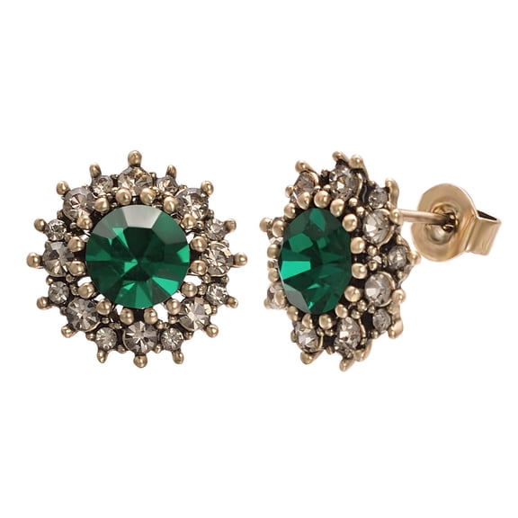 Yoursfs Green Emerland Crystal Vintage Stud Earrings for Women CZ Halo Art Decorated Gold Plated Hypoallergenic Pierecing Earrings