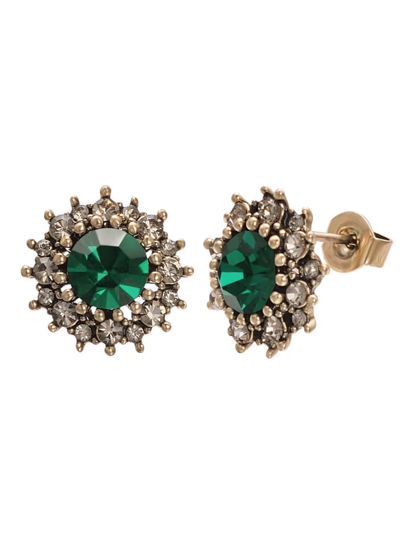 Green Emerland Crystal Vintage Stud Earrings for Women CZ Halo Art Decorated Gold Plated Hypoallergenic Pierecing Earrings