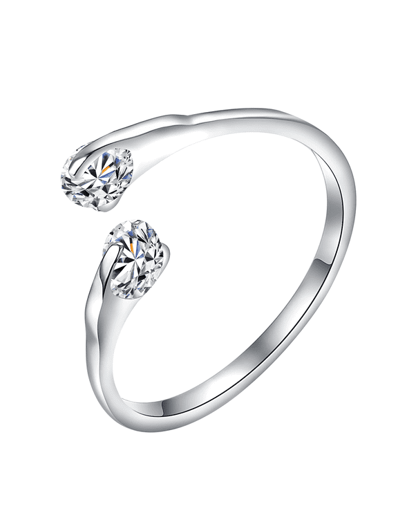 Silver Eternity Rings For Women Two-stone CZ Statement Open Wedding Bands Stackable Ring Fashion Jewelry Gift (Size 9)