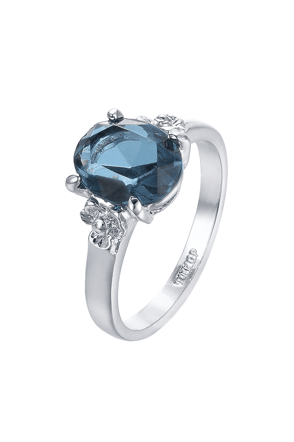 Silver Oval Shaped Blue Birthstone Ring 18K White Gold Plated Cocktail Anniversary Ring Jewelry For Women (Size 7)