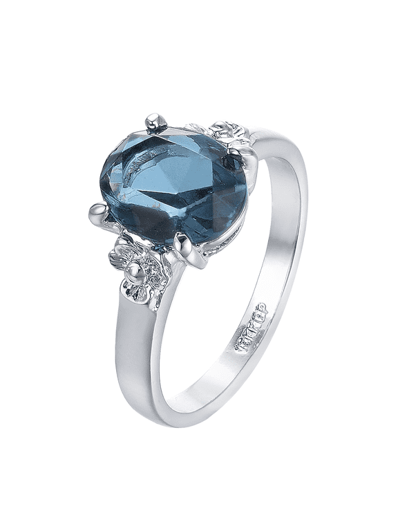 Silver Oval Shaped Blue Birthstone Ring 18K White Gold Plated Cocktail Anniversary Ring Jewelry For Women (Size 7)