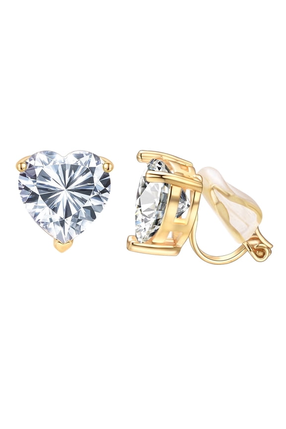Simple Cubic Zirconia Clip on Earrings Gold Heart Earring for Women Hypoallergenic 18K Gold Plated Trendy Non Pierced Ears
