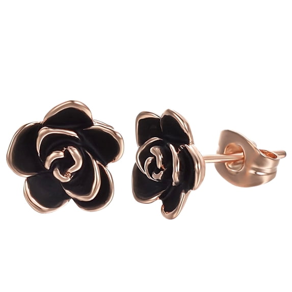 Yoursfs Small Rose Flower Stud Earrings for Women Gold Plated Enamel Bloom Rose Earrings Black Earring Studs