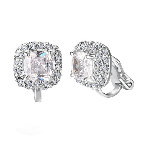 Yoursfs Square Crystal Clip On Earrings For Women White Gold Plated Halo Fake  Small Non Pierced CZ Ear Jewelry Holiday Gift