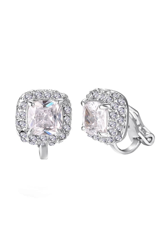 Square Crystal Clip On Earrings For Women White Gold Plated Halo Fake  Small Non Pierced CZ Ear Jewelry Holiday Gift