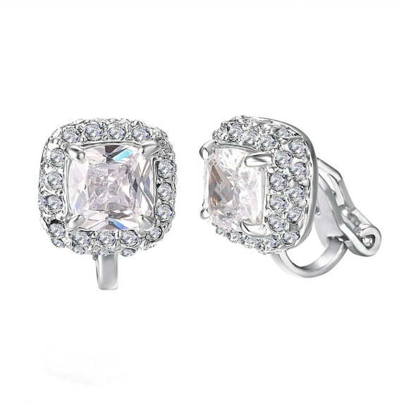 Yoursfs Square Crystal Clip On Earrings For Women White Gold Plated Halo Fake Small Non Pierced CZ Ear Jewelry Holiday Gift