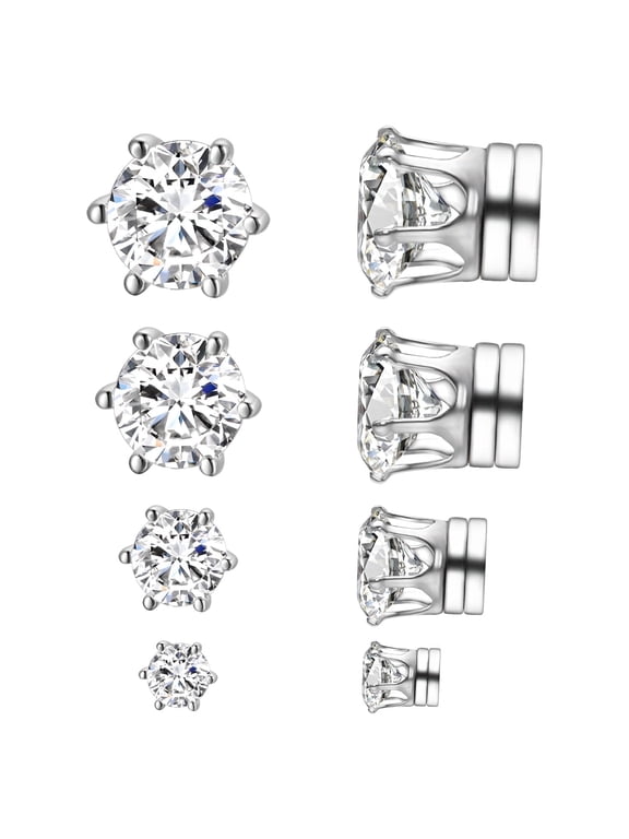 4 Pairs Stainless Steel Magnetic Stud Earrings Set for Men Women Hexagon CZ Non Piercing Clip on Earrings 4-8mm