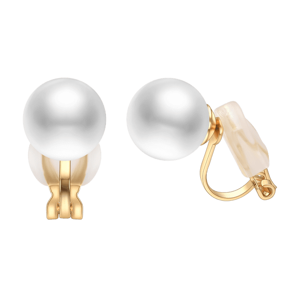 Yoursfs 10mm White Single Pearl Clip on Earrings for Women Gold Plated Clip on Pearl Earrings Non Painful Non Pierce Ear Wedding Jewelry