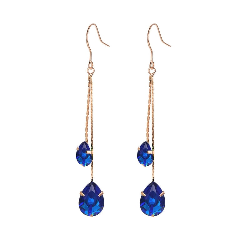 Yoursfs Two Teardrop Long Chains Fishhook Earrings Rose Gold Plated, Blue  Cubic Zirconia Tassels Dangle Earrings for Women