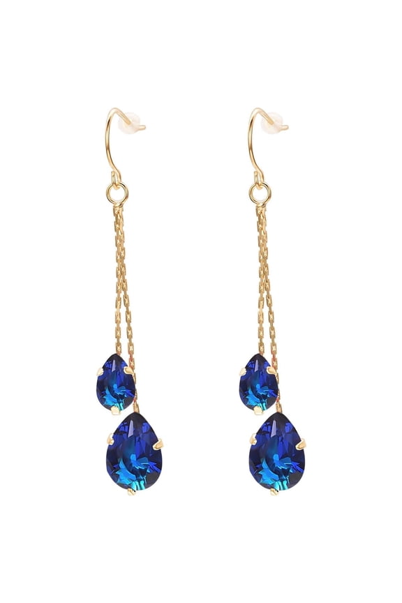 Two Teardrop Long Chains Fishhook Earrings Yellow Gold Plated, Blue Cubic Zirconia Waterdrop Tassels Dangle Earrings for Women