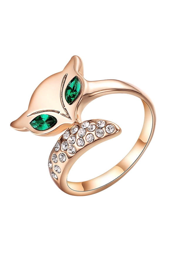 Unique Fox Shape Cocktail Rings For Women Emerald Crystal CZ Statement Rose Gold Ring Fashion Costume Jewelry (Size 6)
