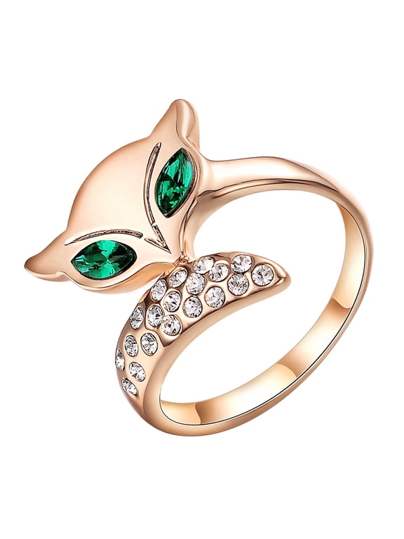 Unique Fox Shape Emerald Crystal CZ Statement Rings For Women Rose Gold Plated Cocktail Ring Fashion Costume Jewelry (Size 8)