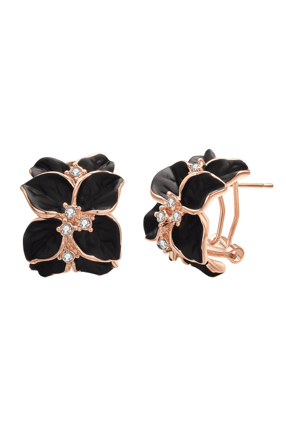 Vintage Black Flower Clip on Stud Earrings for Women Lady Gold Plated Ceramic Hypoallergenic Unique Clip Earrings Studs