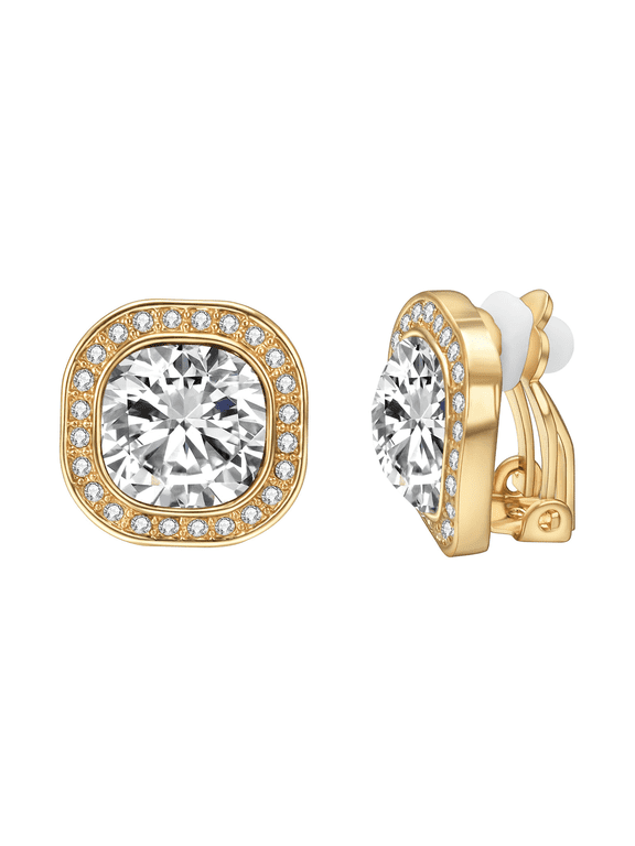 Big CZ Rhinestone Clip on Earrings for Women Gold Plated Square CZ Halo Clip Earring Non Pierced Ears Wedding Jewelry Gift