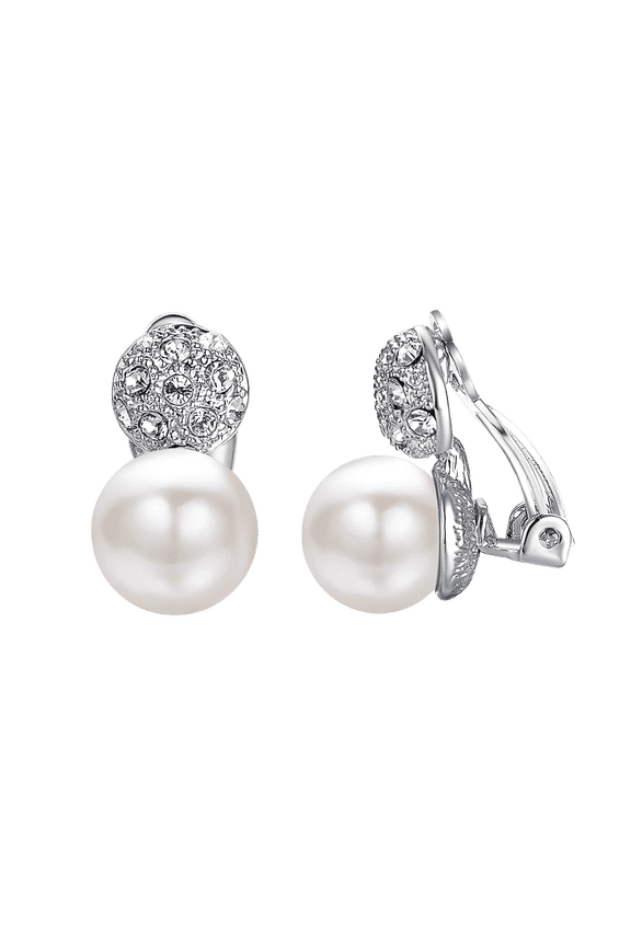 Vintage Pearl Clip on Earrings with Cubic Zirconia Platinum Plated Freshwater Cultured White Pearl Earrings for Women