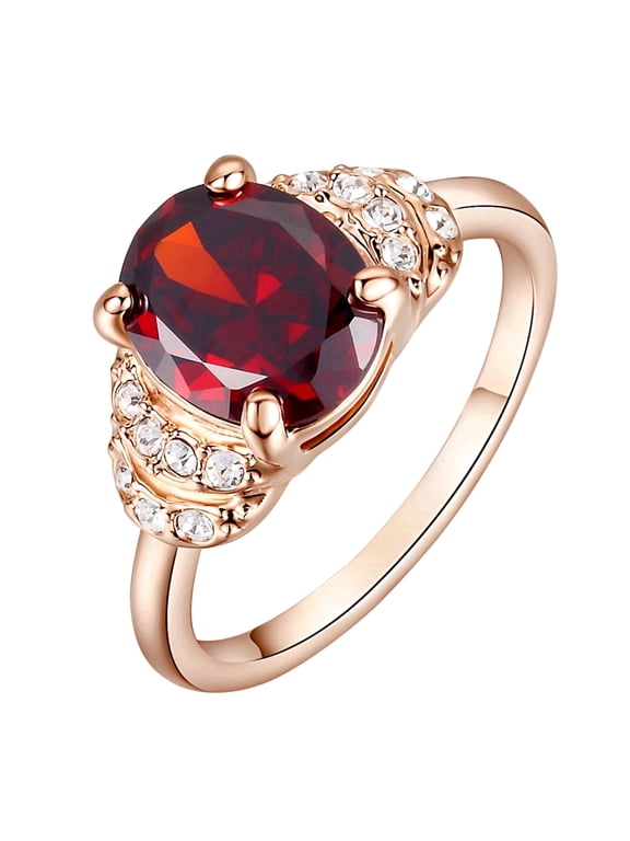 Vintage Ruby Ring for Women 18k Rose Gold Plated Costume Jewelry Oval Cut Red Birthstone Crystal CZ Hao Rings Gifts (Size 9)