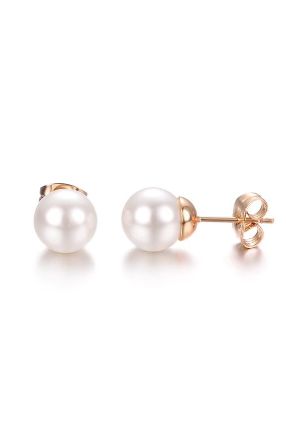 White Fake Pearl Stud Earrings for Women Rose Gold Plated for Pierced Ear, 8mm Pearl Earrings