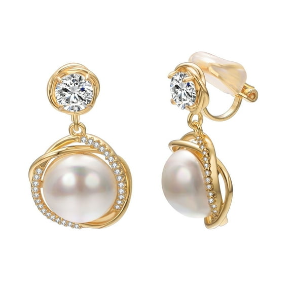 Yoursfs White Faux Pearl Clip Drop Earrings for Women Gold Plated Cubic Zirconia Clip Earrings Non Pierced Fashion Jewelry