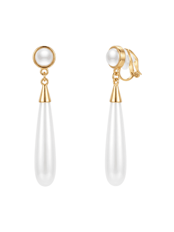 White Imitation Long Dangle Pearl Earrings for Women Clip on Earring Non Pierced Ears Gold Plated Hypoallergenic Jewelry Gifts