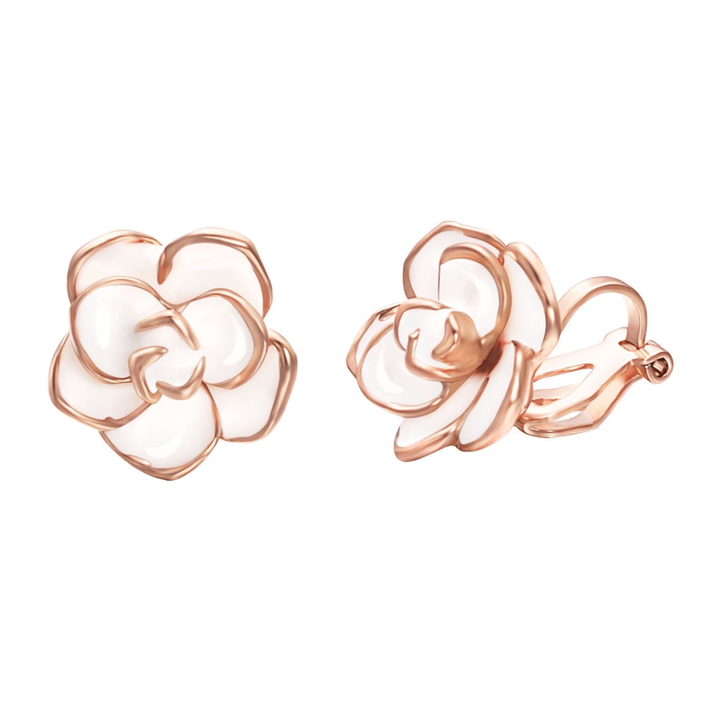 Yoursfs White Rose Flower Clip On Earrings For Women Not Pierced Ears