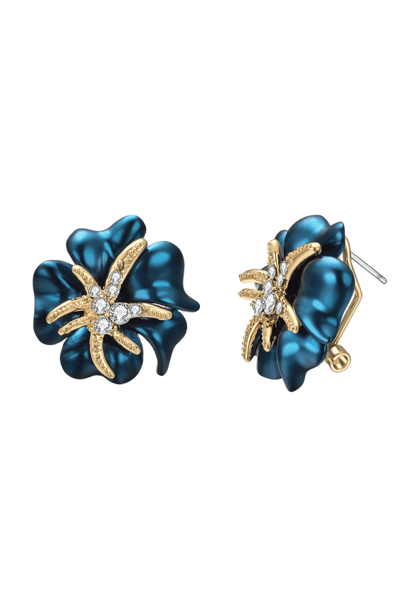 Enamel Flower Clip On Stud Earrings For Women Rose Gold Plated Crystal Blue Floral Hypoallergenic Piercing Earrings